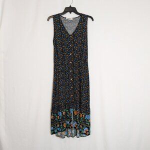 TEMOFON Navy Blue & Orange Floral Button-Down Midi Tank Dress; Size M